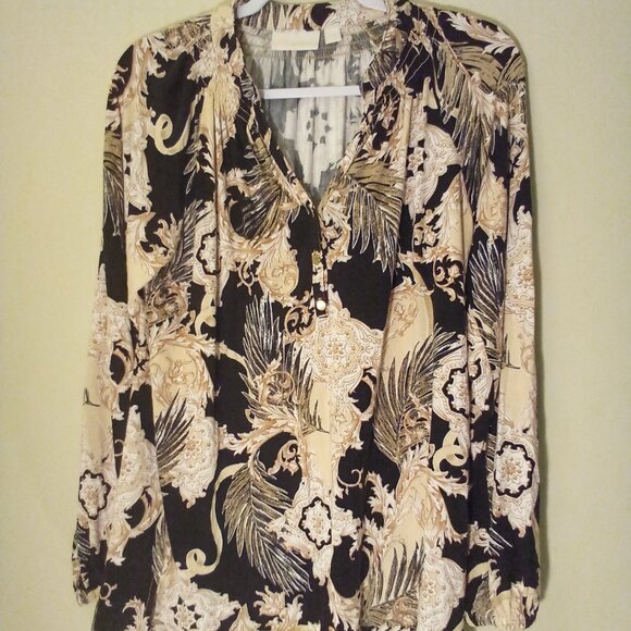 Belle Kim Gravel Blouse Women S Long Sleeve Soft Stretch Pattern Black Tan - Picture 2 of 15